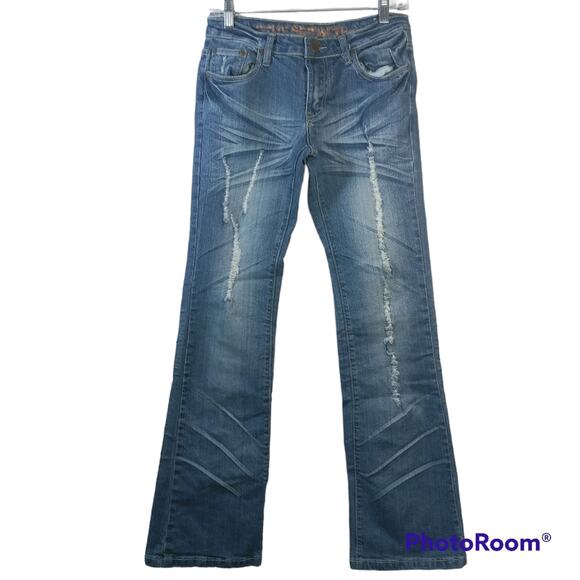 Hybrid  Blue Wash Distressed Boot Cut Y2K Jeans Size 27 - Picture 1 of 9